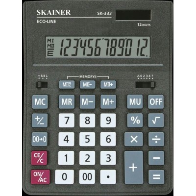 Калькулятор 12-разрядный 155х205х35мм черный, большой настольный, 2 питания, 2 памяти SK-333 Skainer