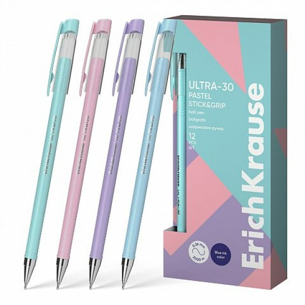 Ручка шариковая ULTRA-30 Stick& Grip Pastel Super Glide Technology синяя 0,7мм 61037 ErichKrause 12//144/1728