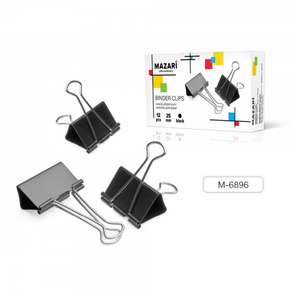 Зажим для бумаг 25мм 12шт черный, металлические, картонная упаковка М-6896 Mazari
