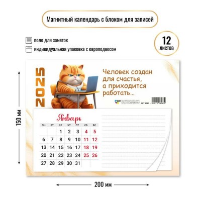 Квадра/Календарь настенный магнитный с блоком для записей 2025. Кот/200 х 150/8587/