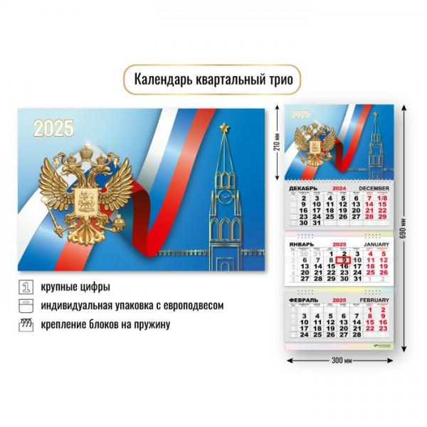 Квадра/Календарь настенный квартальный 3 блочный 2025. Государственная символика/300 х 690/8821/