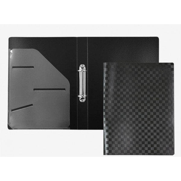 Папка 2 кольца А4 24х31х3,5см 30мм 650мкм Total Black черная, непрозрачная, фактура шахматная доска, внутренний карман 3081308 deVente 24/96