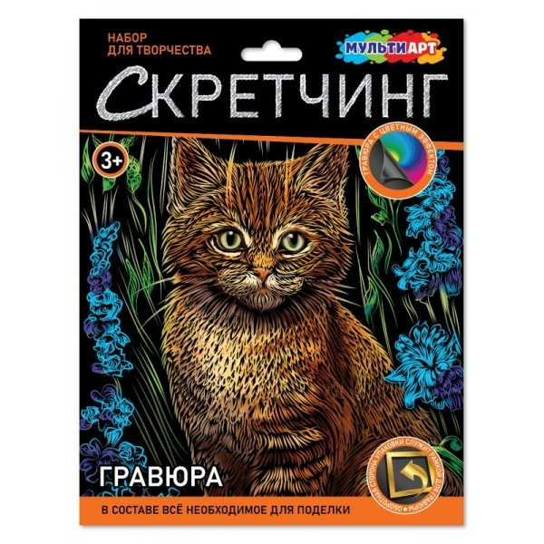 Гравюра-картина радуга 18х24 Котик в цветах SCRETCH-111521 МультиАрт