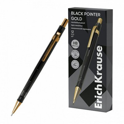 Карандаш механический 0,5мм НВ с ластиком Black Pointer Gold черный металлический корпус 60978 ErichKrause 12/144/1728