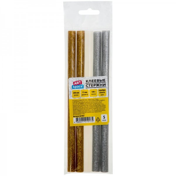 Стержни для клеевого пистолета 11х200мм 5шт золото, серебро, прозрачные 267907 ArtSpace