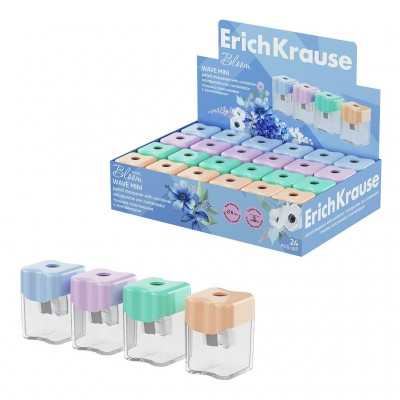 Точилка пластиковая 1 отверстие с контейнером Wave Mini, Pastel Bloom ассорти 60044 ErichKrause 24/144