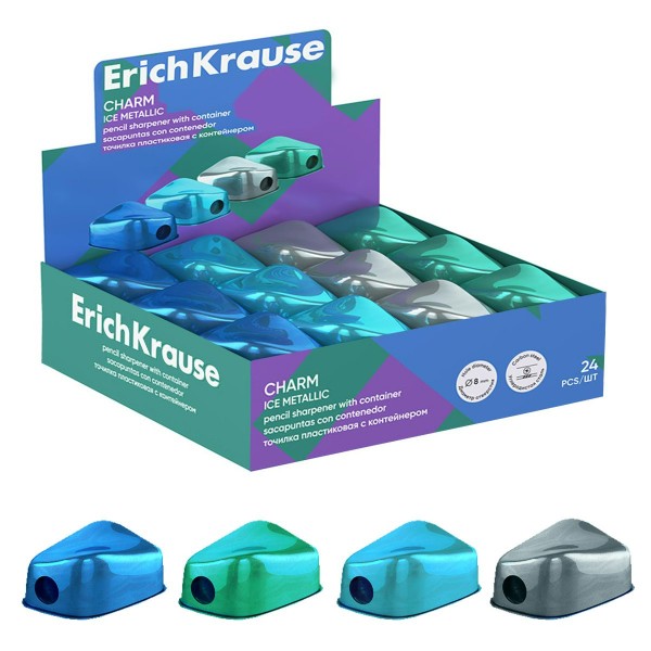 Точилка пластиковая 1 отверстие с контейнером Charm ice metallic ассорти 60032 ErichKrause 24/288