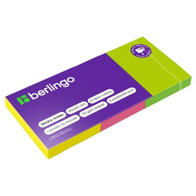 Блок клей 50х40мм 3х100 листов Ultra Sticky неоновые цвета, 70г/м2 LSn_39003 Berlingo 0/120 287186