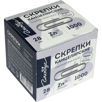 Скрепки канцелярские 28мм 1000шт оцинкованные, картонная упаковка С28-1000 Ц Глобус