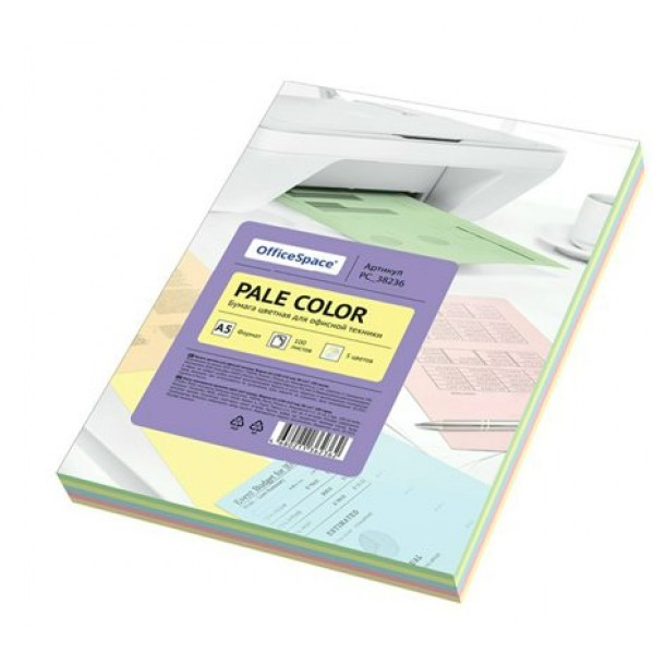 Бумага для ксерокса цветная А5 100 листов 80г/м2 5 цветов Pale Color PC_38236 OfficeSpace  315733