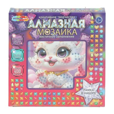 Мозаика алмазная на картоне 15х15 Китти частичная выкладка 394819 МультиАрт