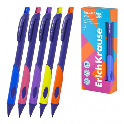 Карандаш механический 2мм ErgoLine® Kids Neon HB с точилкой, треугольный грип 63332 ErichKrause 12/144/1728 63332