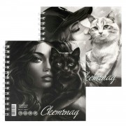 Скетчбук 80 листов 195х195 гребень, твердая обложка Скетчпад Девушка с котом матовая ламинация, 100г/м2 71628 Феникс 4/24