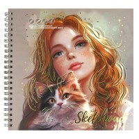 Скетчбук 40 листов 195х195 гребень Скетчпад Рыженькая с кошечкой тиснение фольгой, жесткая подложка, 100г/м2 70454 Феникс 5/50