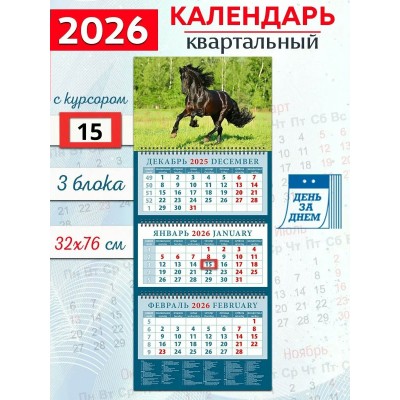 ДеньЗаДнем/Календарь настенный квартальный 3 блочный 2026. Год лошади. Черный красавец/320 х 760/14608/