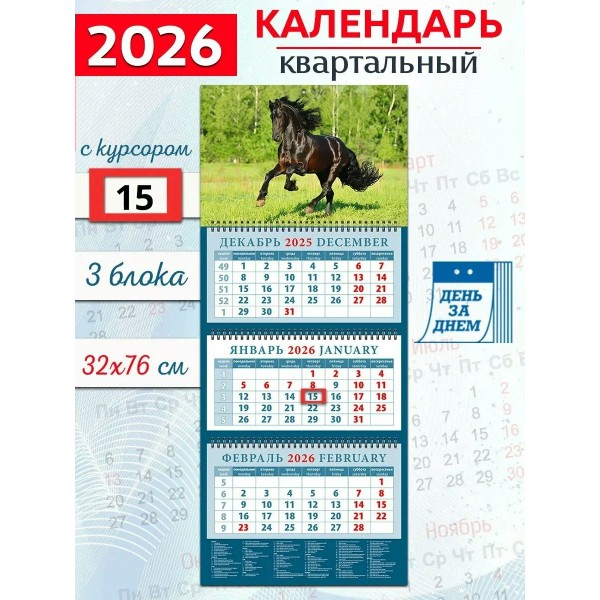 ДеньЗаДнем/Календарь настенный квартальный 3 блочный 2026. Год лошади. Черный красавец/320 х 760/14608/