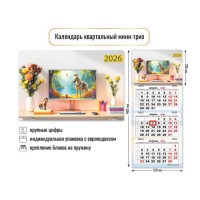 Квадра/Календарь настенный квартальный 3 блочный мини 2026. Офис/190 х 460/9234/