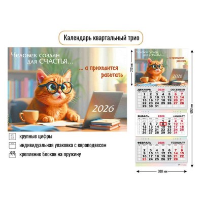 Квадра/Календарь настенный квартальный 3 блочный 2026. Кот/300 х 690/9442/