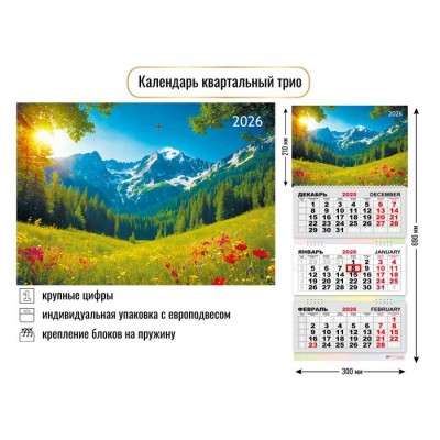 Квадра/Календарь настенный квартальный 3 блочный 2026. Природа/300 х 690/9444/