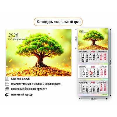 Квадра/Календарь настенный квартальный 3 блочный с магнитным курсором 2026. Денежное дерево/300 х 690/9796/