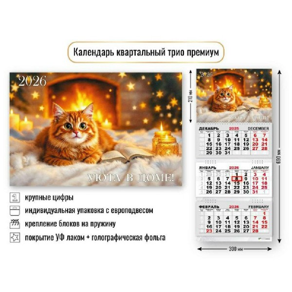 Квадра/Календарь настенный квартальный 3 блочный 2026. Кот 300 х 690/9723/
