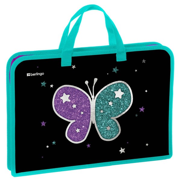 Папка на молнии А4 340х245х40мм Shining butterfly 1 отделение, с ручками, пластик BR-PT-A44001 Berlingo  366351