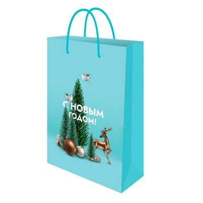 Миленд/Пакет бумажный ламинированный. С Новым годом. Бирюзовый с елкой/140 х 200 х 65/ППК-2283/