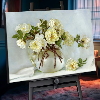 Картина по номерам холст на подрамнике 40х50 Белый майский букет Бузин с кристаллами из хрусталя 21 цвет SHR0587 Молли