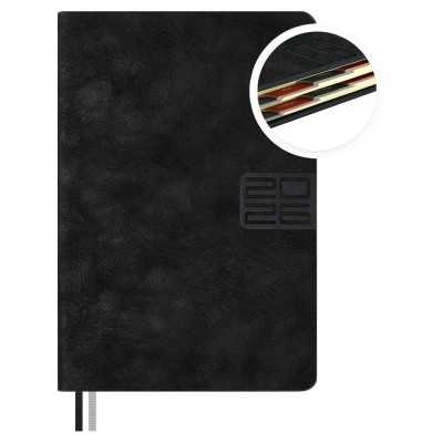 Ежедневник датированный 2026 А6 126х174 176 листов, линия, твердая обложка, Escalada Думай как миллиардер, кожзам Тиволи глосс черный, 2 ляссе, 70 г/м2 70291 Феникс 20/40