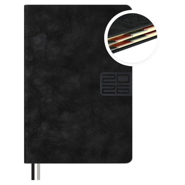 Ежедневник датированный 2026 А6 126х174 176 листов, линия, твердая обложка, Escalada Думай как миллиардер, кожзам Тиволи глосс черный, 2 ляссе, 70 г/м2 70291 Феникс 20/40