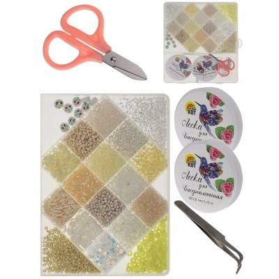 Бисер Набор 19,5х18см 18 видов, желтый + ножницы + 2 лески + пинцет + фурнитура, пластиковая упаковка БИС-8388 Рыжий кот