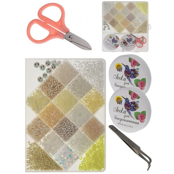 Бисер Набор 19,5х18см 18 видов, желтый + ножницы + 2 лески + пинцет + фурнитура, пластиковая упаковка БИС-8388 Рыжий кот