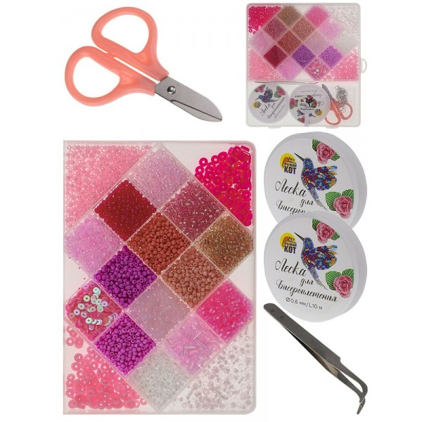 Бисер Набор 19,5х18см 18 видов, розовый + ножницы + 2 лески + пинцет + фурнитура, пластиковая упаковка БИС-8391 Рыжий кот