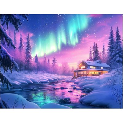 Картина по номерам холст на подрамнике 17х22 Домик на Севере 14 цветов ХК-0479 Рыжий кот