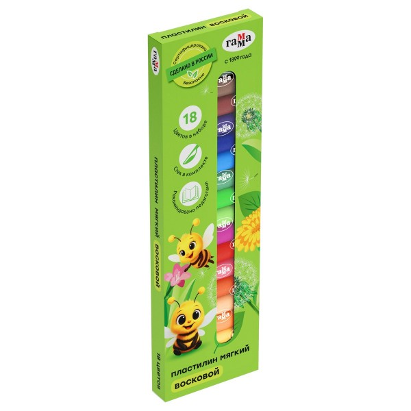 Пластилин восковой 18 цветов 216гр Пчелка со стеком, картонная упаковка 16052025_18 Гамма