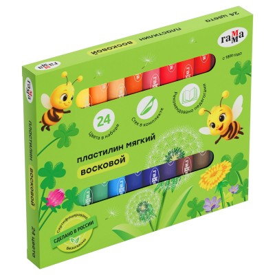 Пластилин восковой 24 цвета 288гр Пчелка со стеком, картонная упаковка 16052025_24 Гамма