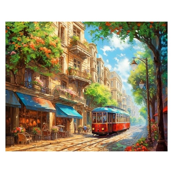 Мозаика алмазная холст на подрамнике 40х50 Летний трамвай частичная выкладка, 30 цветов НД-0583 Рыжий кот