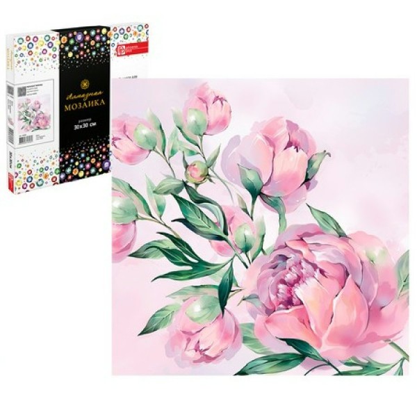 Мозаика алмазная холст на подрамнике 30х30 Нежные пионы полная выкладка, 23 цвета 68606/А Феникс