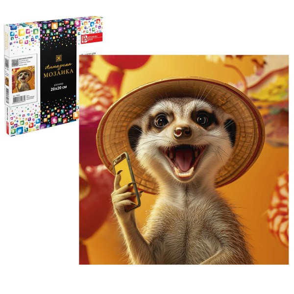 Мозаика алмазная холст на подрамнике 20х20 Веселый сурикат полная выкладка, 20 цветов 70834 Феникс