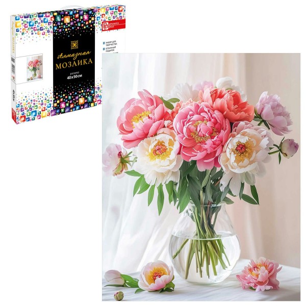 Мозаика алмазная холст на подрамнике 40х50 Букет пионов полная выкладка, 27 цветов 70857 Феникс