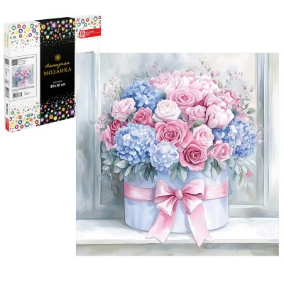 Мозаика алмазная холст на подрамнике 30х30 Букет с розовым бантом полная выкладка, 28 цветов 71385 Феникс