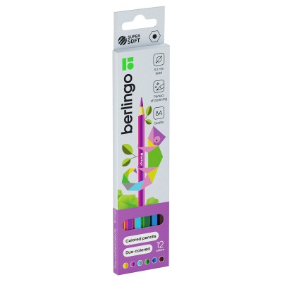 Карандаши цветные 6шт 12 цветов SuperSoft 2in1 2-цветный грифель, 6-гранные, заточенные, картонная упаковка SS03912 Berlingo  299035