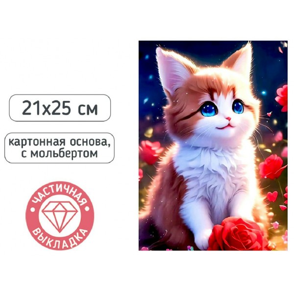 Мозаика алмазная на картоне 21х25 Котенок частичная выкладка, с мольбертом М-12300 Mazari