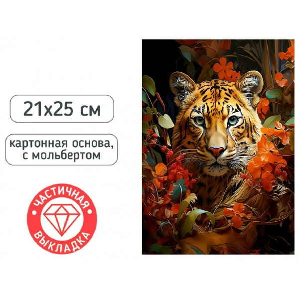Мозаика алмазная на картоне 21х25 Тигр частичная выкладка, с мольбертом М-12312 Mazari