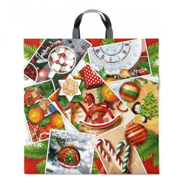 Интерпак/Пакет полиэтиленовый с петлевой ручкой. Новогодний. Коллаж/440 х 440/ПТЛ57428/
