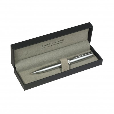 Ручка подарочная шариковая, поворотный механизм Boston синяя 0.7мм металлический серебряный корпус, черный футляр 20-0357/07 Bruno Visconti