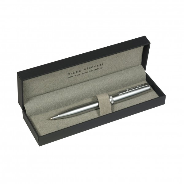 Ручка подарочная шариковая, поворотный механизм Boston синяя 0.7мм металлический серебряный корпус, черный футляр 20-0357/07 Bruno Visconti