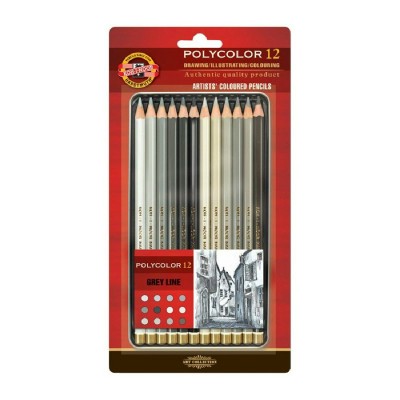 Карандаши цветные 12шт Polycolor Grey Line 6-гранные, заточенные, металлический пенал, блистер 3822012013BL Koh-I-Noor  324528