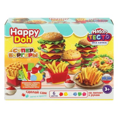 Набор для лепки Бургер и картошка тесто 6 цветов х 50гр, формочки, стек PDSET-124781 Happy Doh