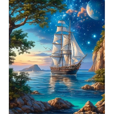 Мозаика алмазная холст на подрамнике 40х50 Пейзаж с парусником блестящая, полная выкладка, 30 цветов НД-1410 Рыжий кот